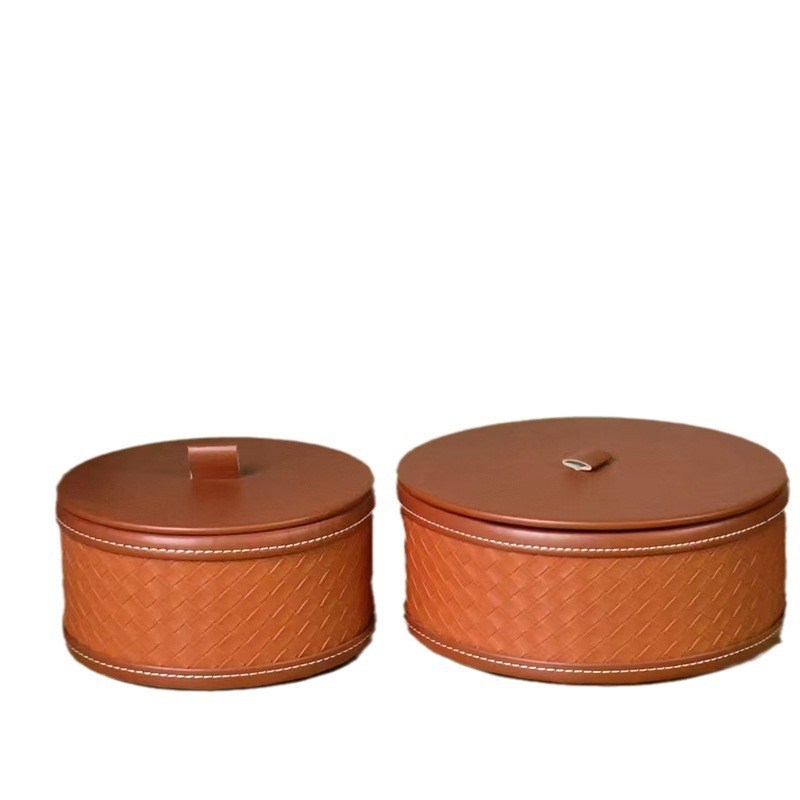 现代简约编织皮革圆形收纳盒样板间卧室珠宝饰品首饰盒装饰品摆件