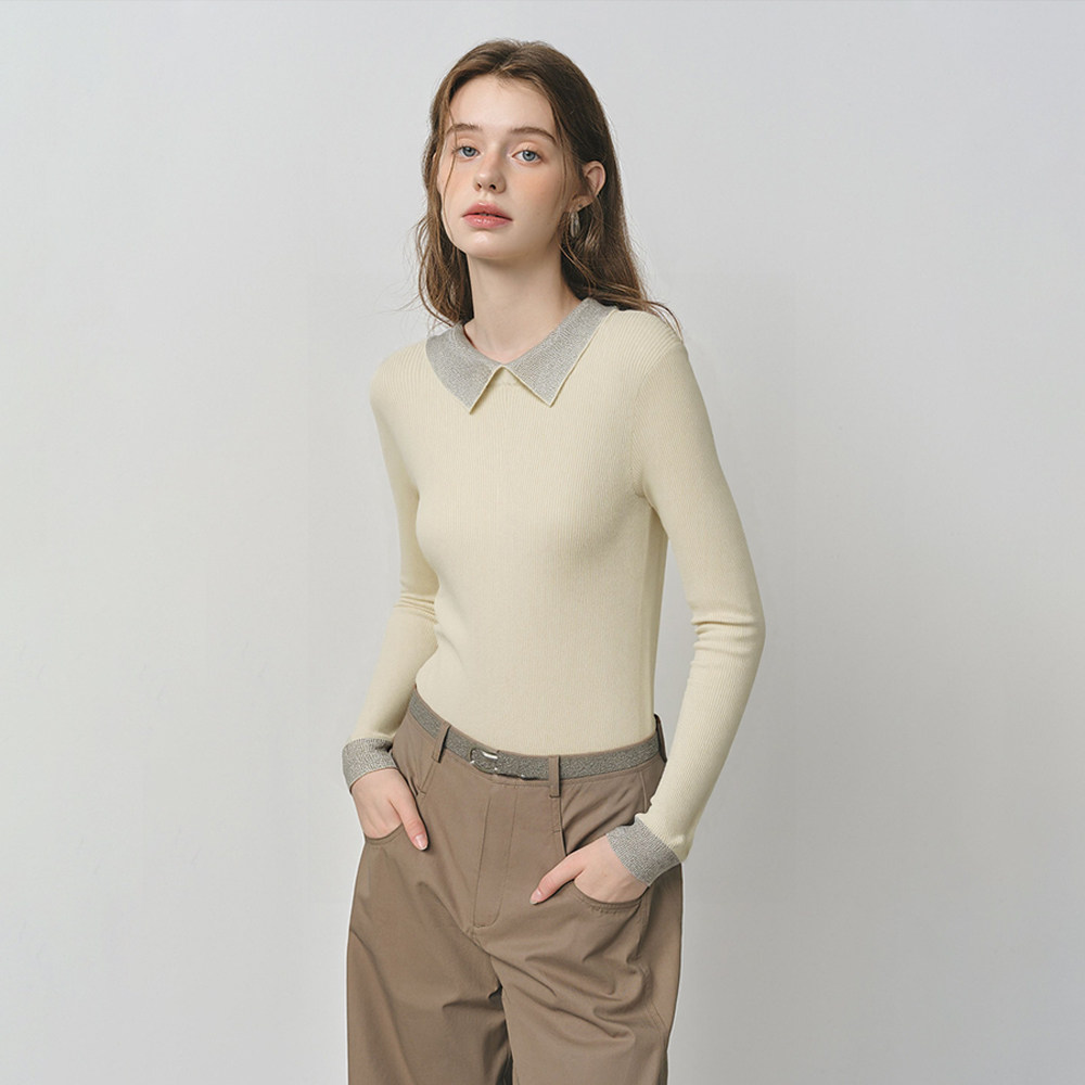 【肖恩Shine专享】设计感烫钻小翻领长袖针织上衣M353310