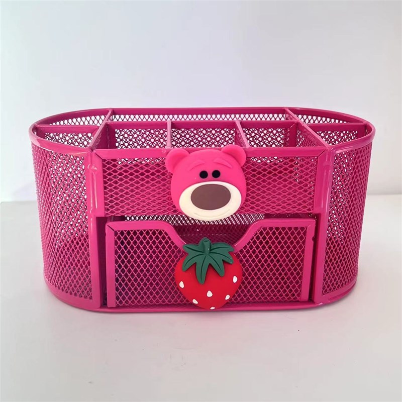 草莓熊金属笔筒收纳办公室摆件多功能收L纳盒桌面抽屉式大容量