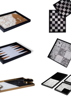 简约真皮马毛黑白拼接收纳托盘摆件样板间S客厅卧室装饰品