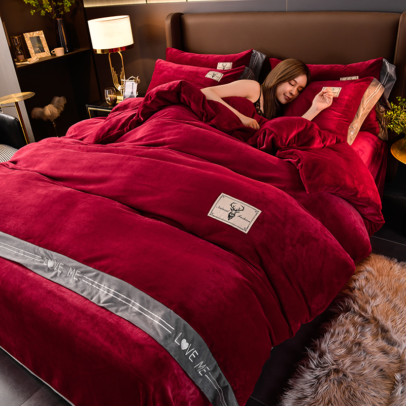 加厚四件套冬季珊瑚绒q被套床单结婚红色牛奶绒喜被婚嫁床上用品