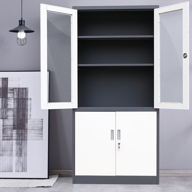 厂家供应玻璃门文件柜双色拆装柜办公室资料柜铁皮柜收纳带抽屉