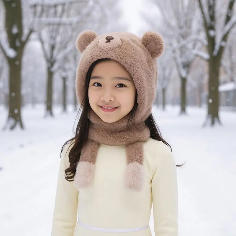 [冬季毛绒帽]儿童围巾一体两件套针织帽加绒护耳帽女童防寒保暖YK