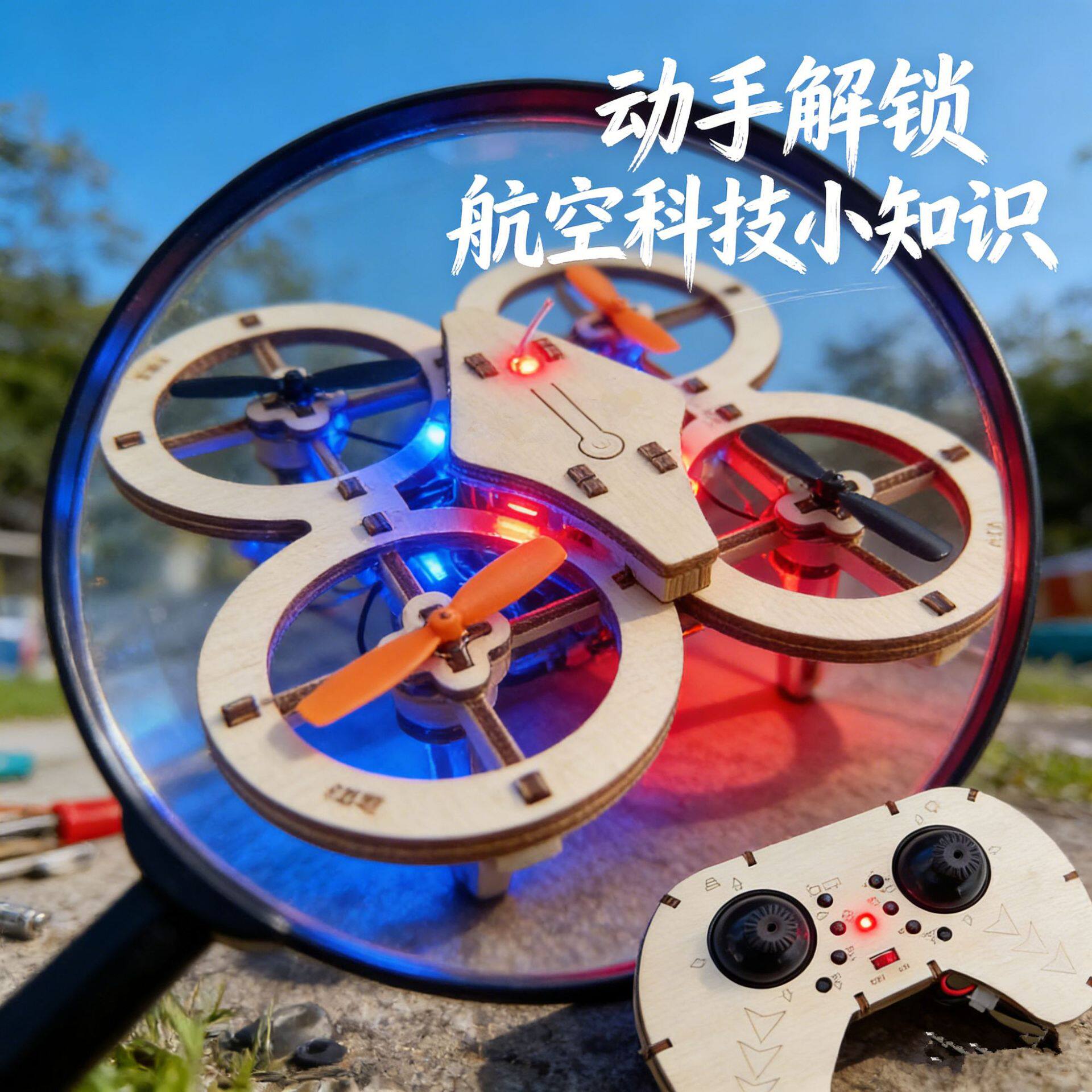 【六一礼物】木质拼装DIY四轴飞行器无人机模型亲子科学实验jy