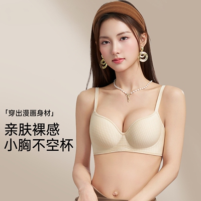 格纹舒服蕾小胸聚拢大C女生厚杯文胸jy