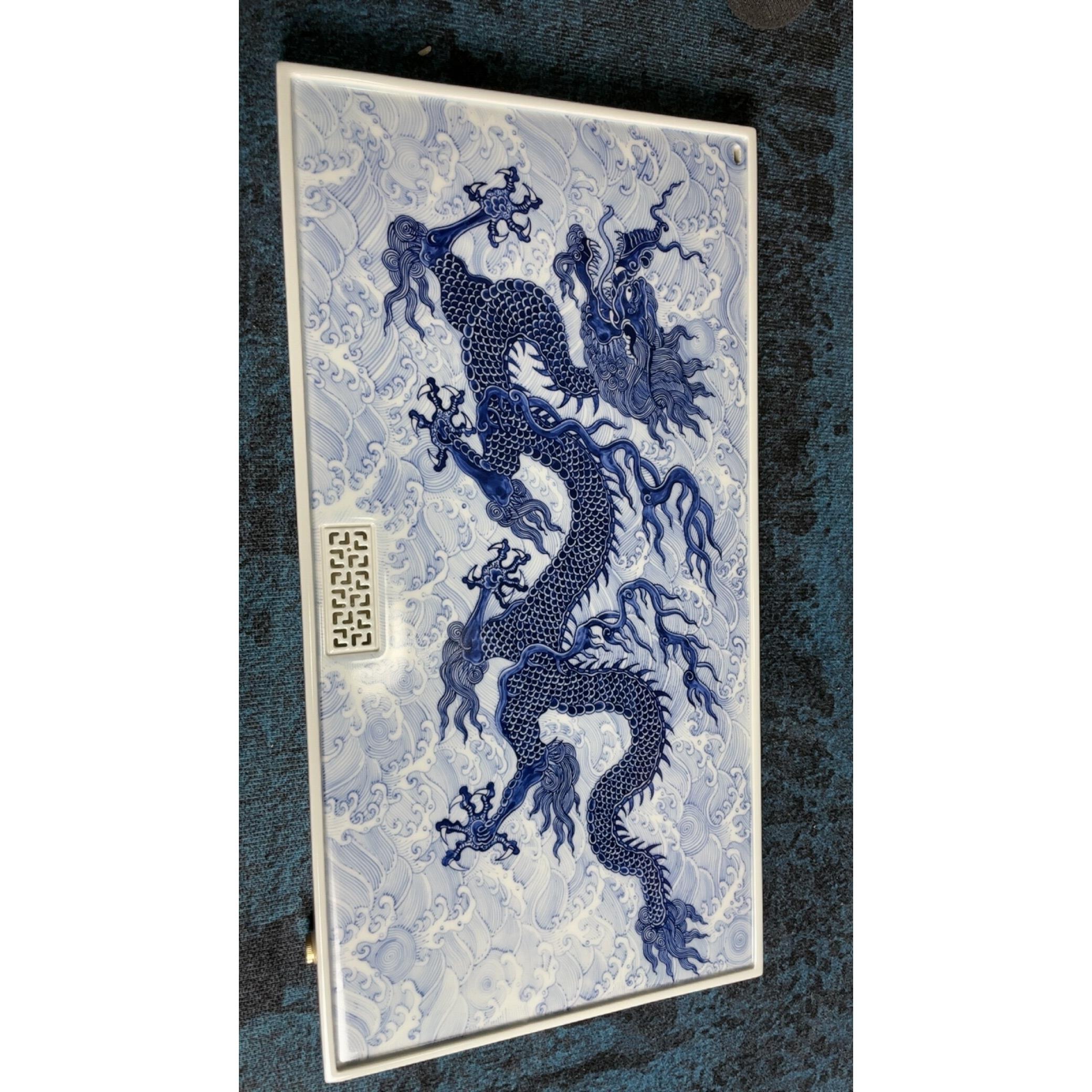 50*26蓝白手绘雷克斯霸王龙干湿两用茶盘景德镇陶瓷茶盘排水型