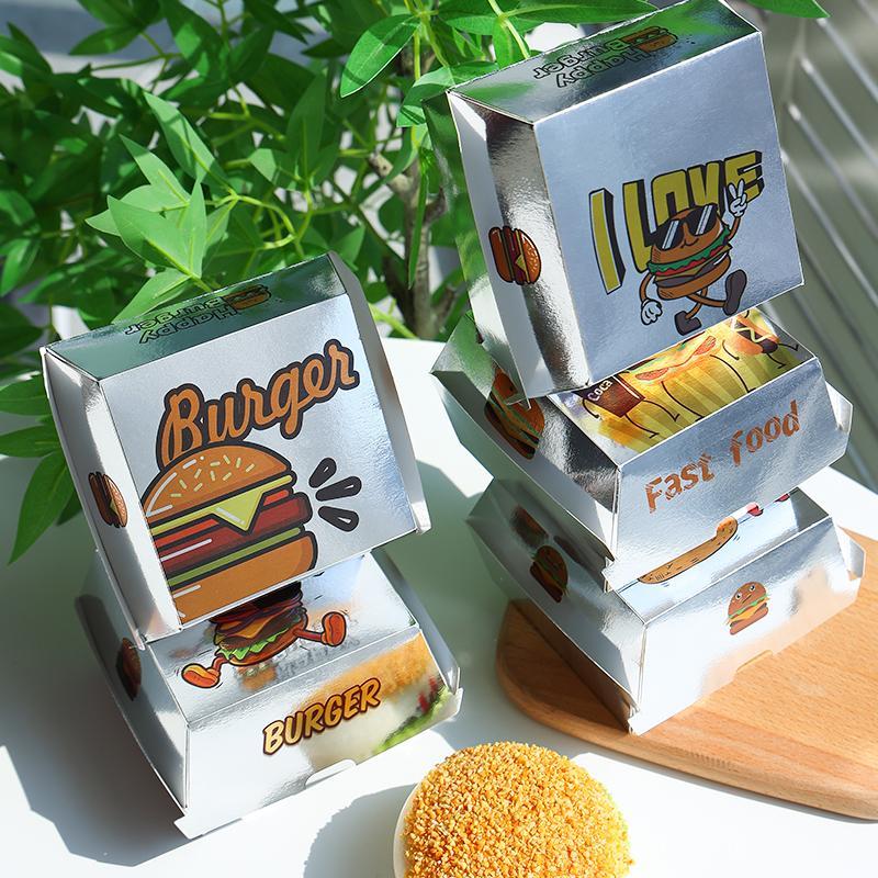 银卡汉堡打包盒食品级商用免折加厚汉堡包装盒烘焙外送一次性纸盒