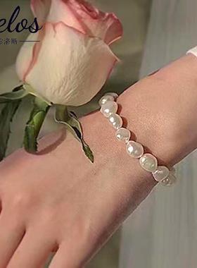 复古港风天然淡水珍珠手链ins小众轻奢14k注金OT扣巴洛克手链通勤