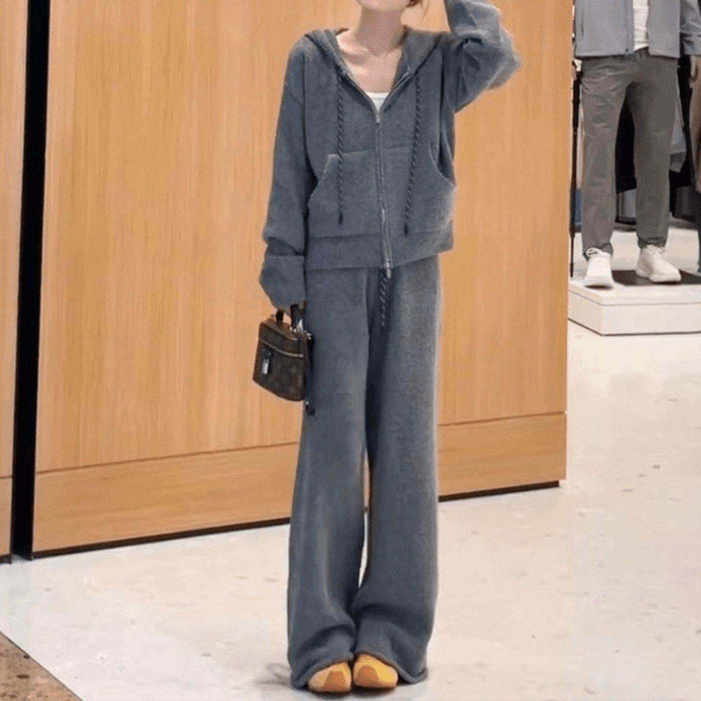 羊毛混纺套装女2026春秋冬慵懒松弛感针织衫外套休闲阔腿裤两件套