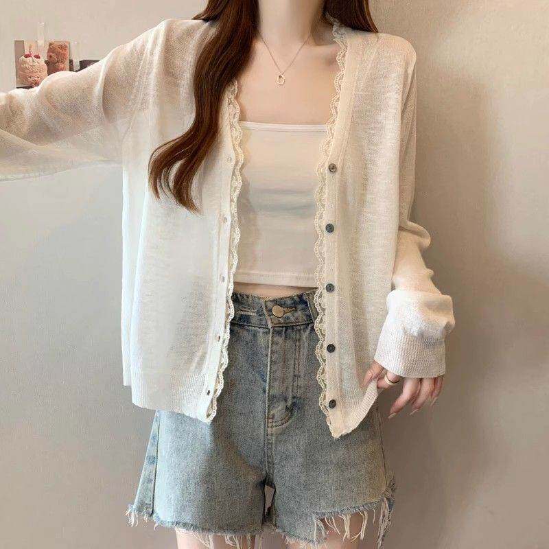 法式蕾丝白色防晒针织开衫女爆款薄款冰丝罩衫外套慵懒风披肩上衣