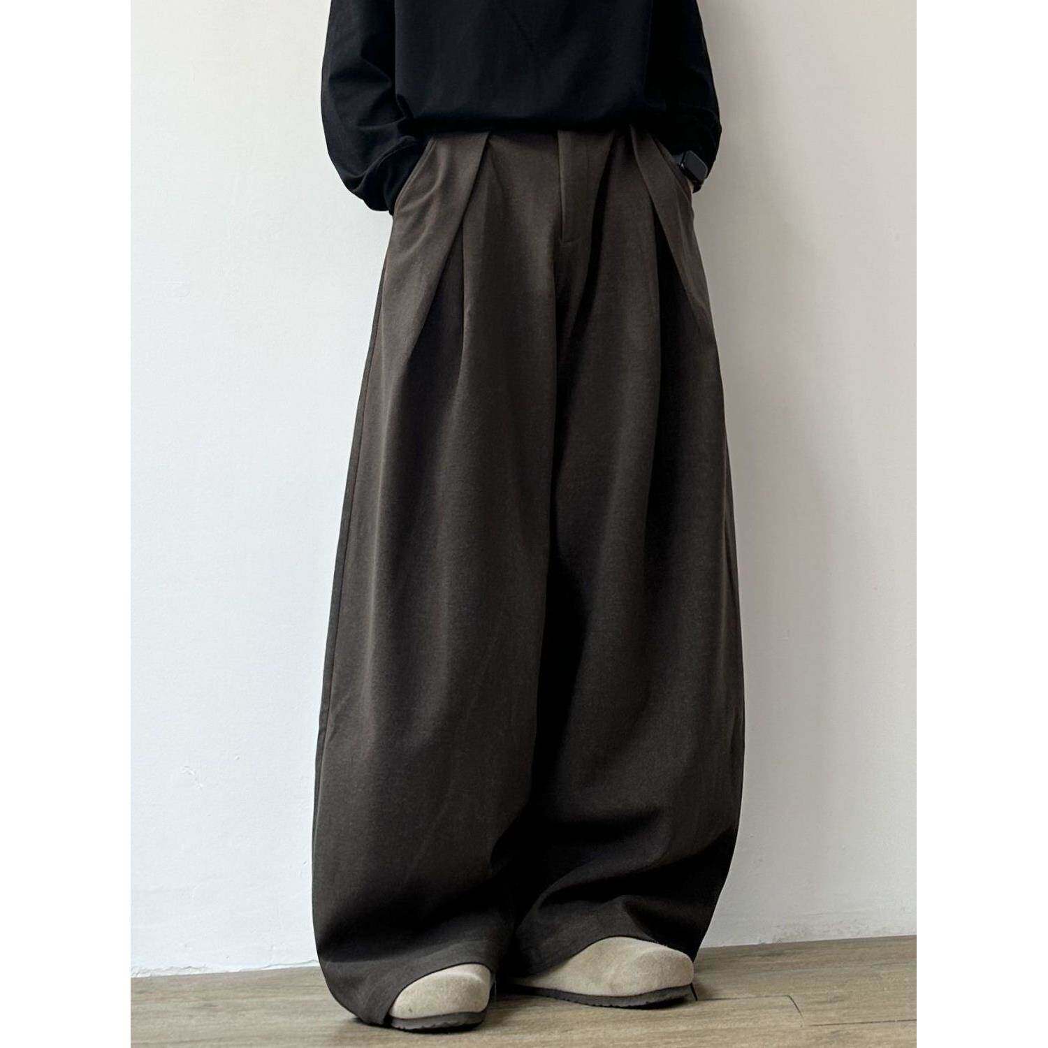 男女款春季美式复古毛呢西装裤老钱风慵懒宽松拖地直筒长裤