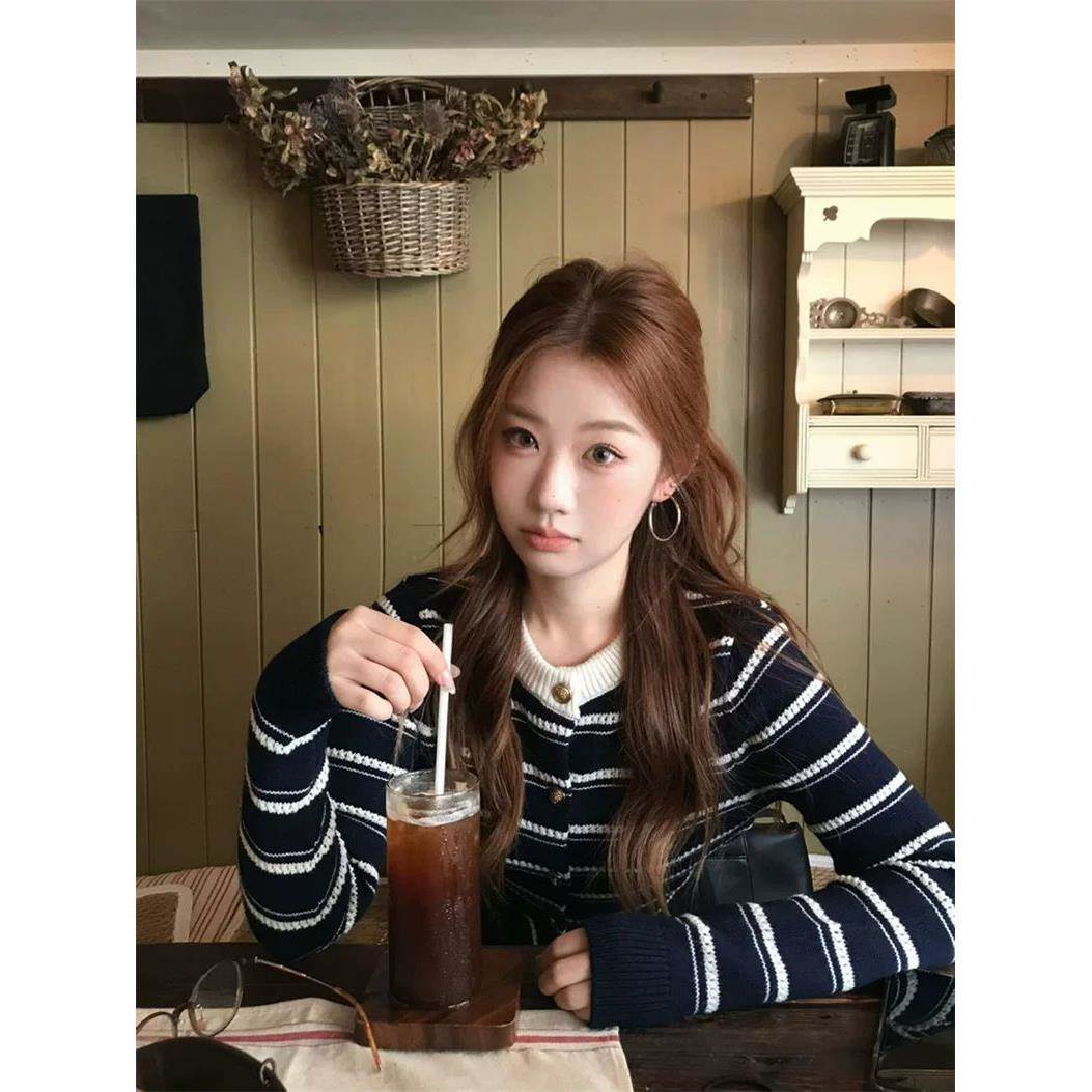 韩系条纹开衫毛衣外套女春秋小香风修身收腰短款慵懒风针织衫上衣
