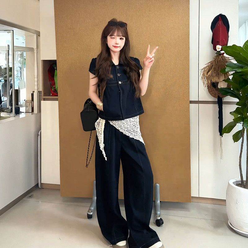 韩版甜酷休闲风穿搭一整套牛仔翻领短袖衬衫女高腰阔腿牛仔裤