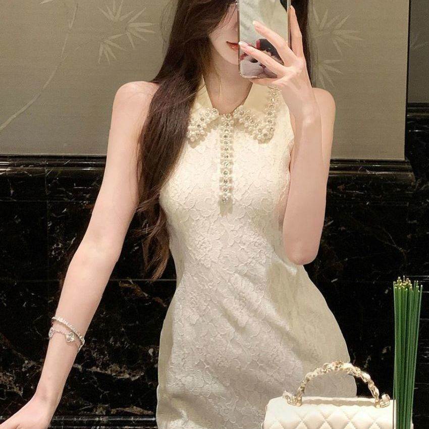 新款夏装重工珍珠短裙无袖收腰连衣裙女