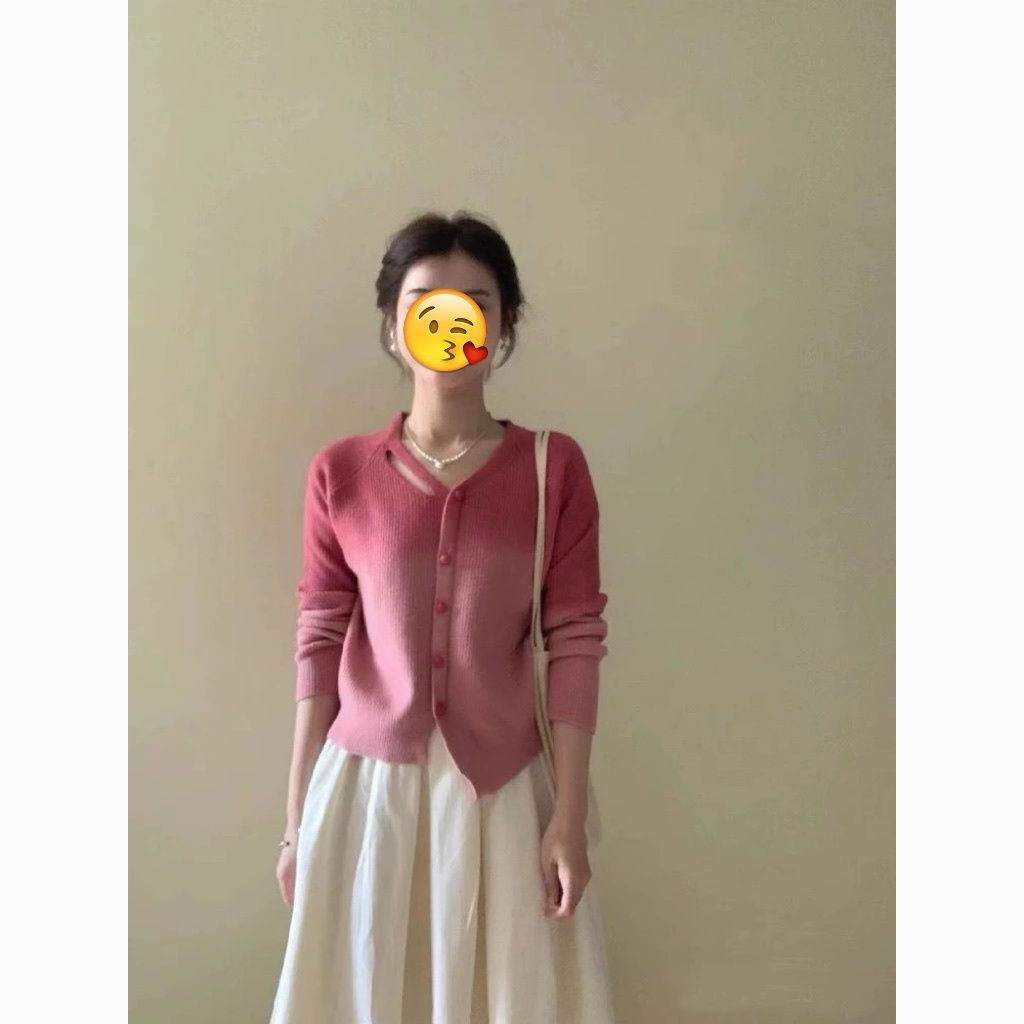 渐变红色甜美外穿毛衣针织衫女新款春秋短款洋气独特别致上衣