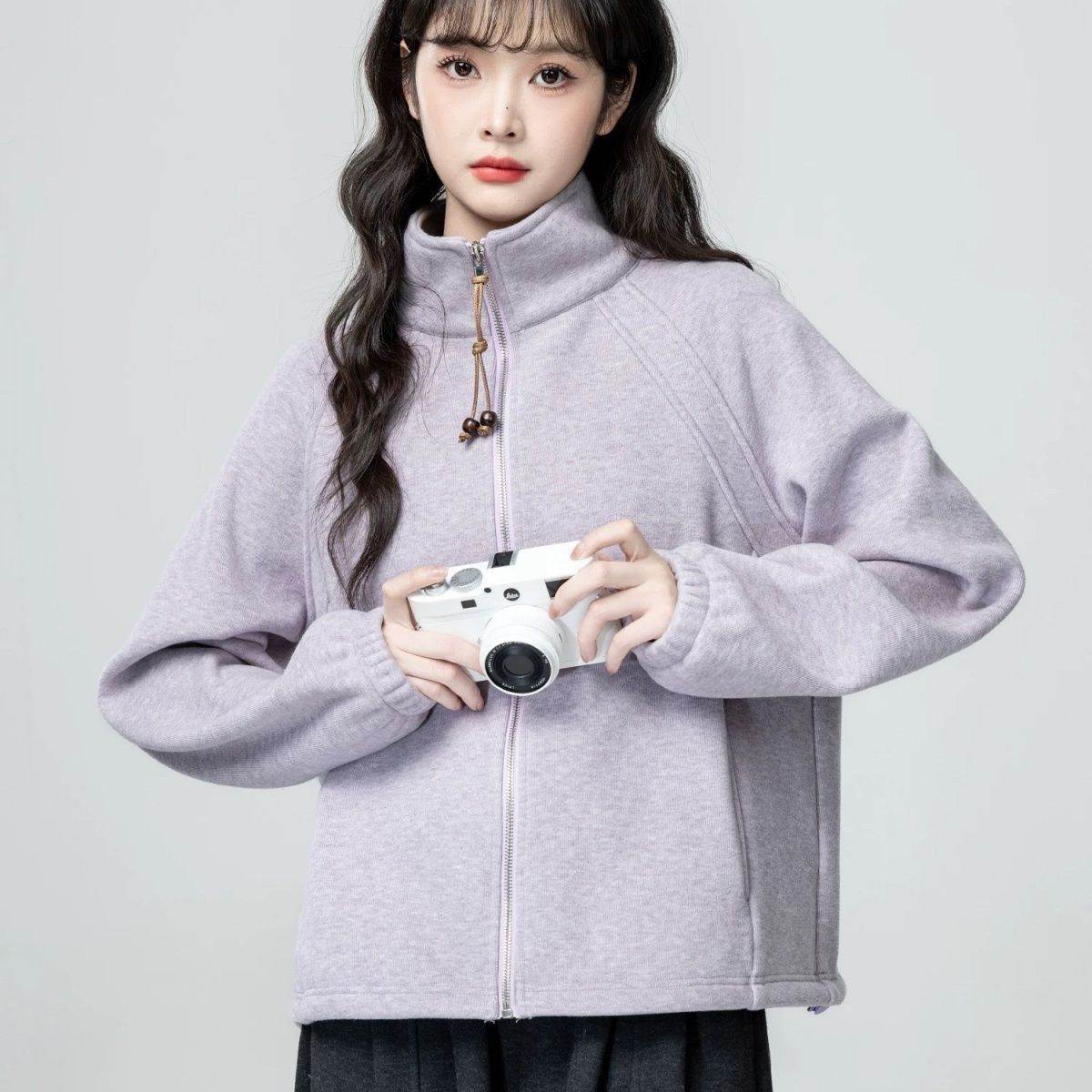 紫色立领卫衣外套女2026春秋新款韩系宽松慵懒风休闲拉链开衫上衣