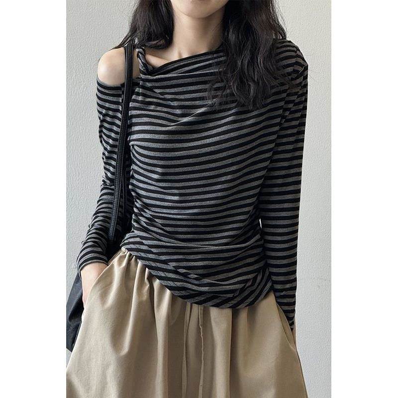 不规则扭结设计感斜肩长袖恤女秋季修身条纹露肩上衣内搭打底衫
