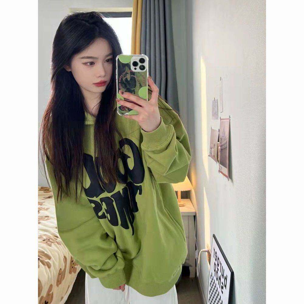 发泡爱心棉绿色加绒加厚卫衣女宽松垂坠感入秋双帽上衣