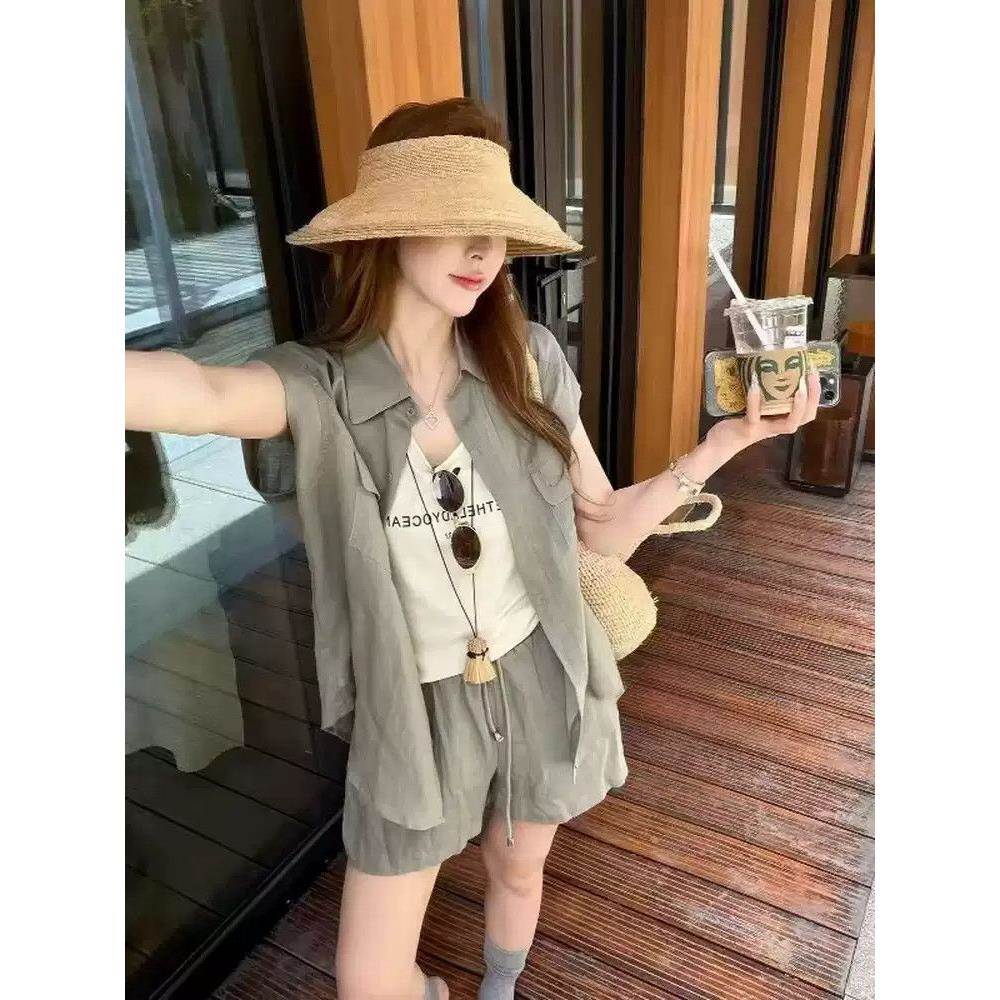 气质休闲百搭防晒衬衫套装女夏日新款宽松减龄显瘦衬衫短裤两件套