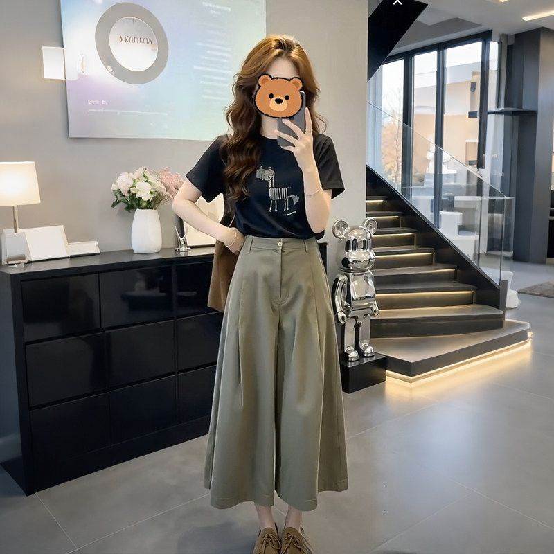 夏季新款休闲套装女印花短袖恤高腰显瘦百搭阔腿八分裤子两件套