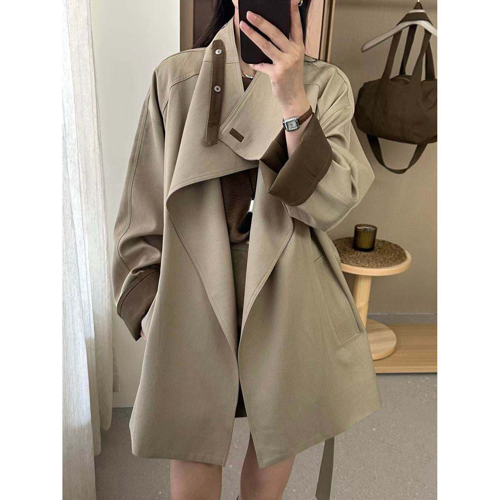 高级经典卡其色撞色风衣女秋宽松显瘦英伦风设计感系带中长款外套