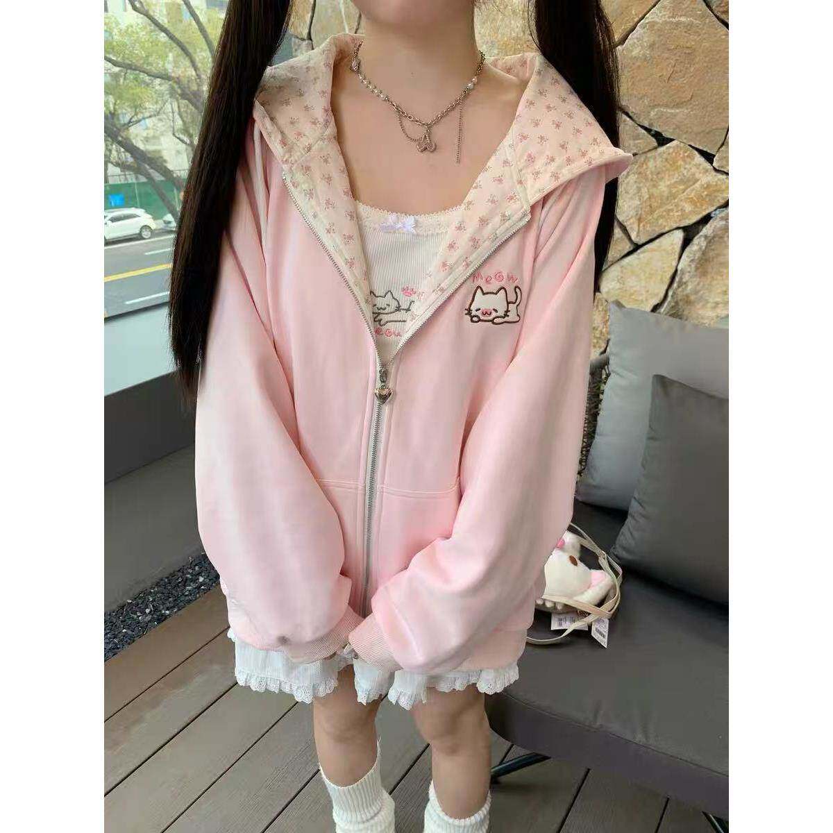 重磅粉色碎花日系猫咪连帽长袖卫衣女春夏拉链开衫外套潮韩版