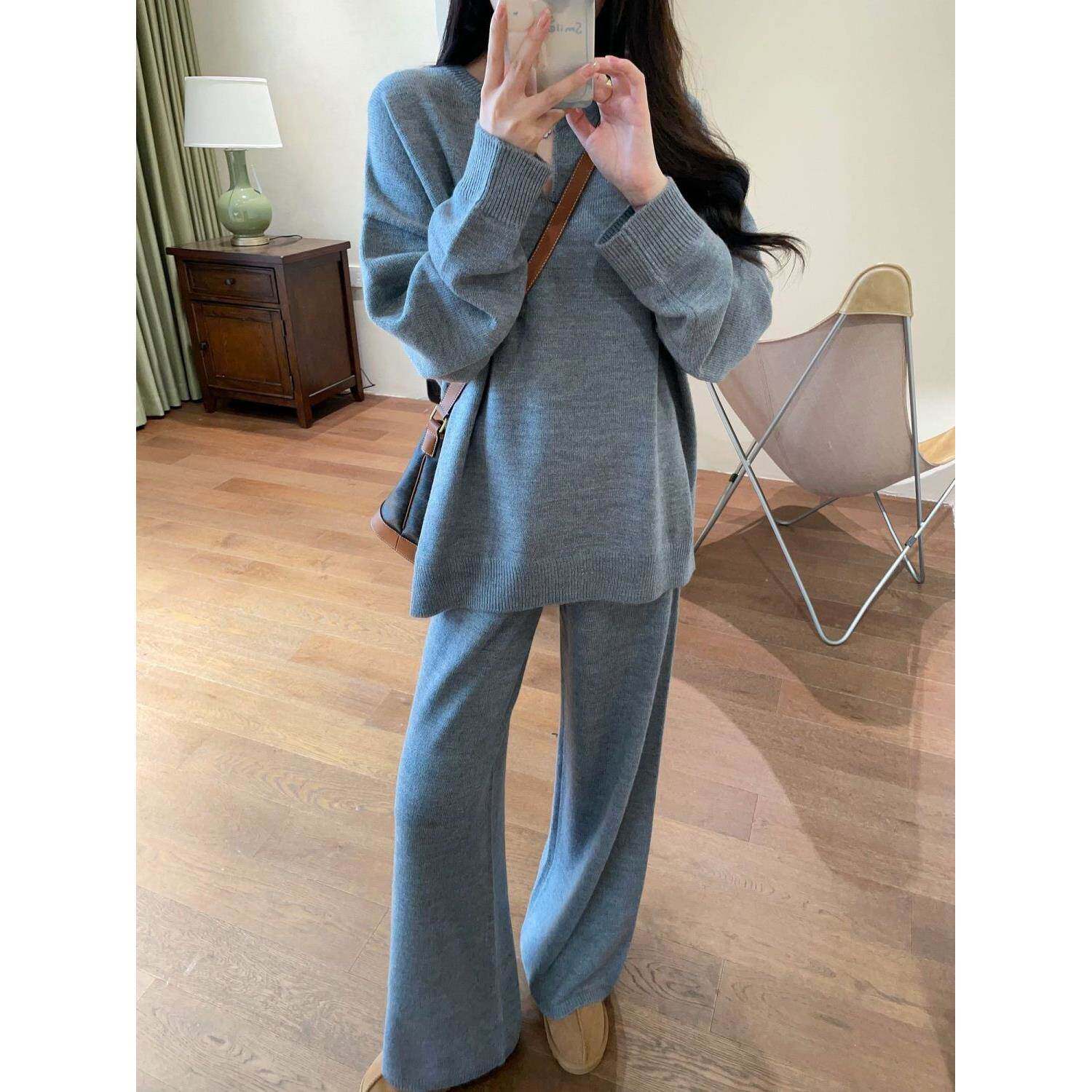 淡人穿搭小众设计慵懒风懒人针织套装秋冬领毛衣阔腿裤女两件套图片