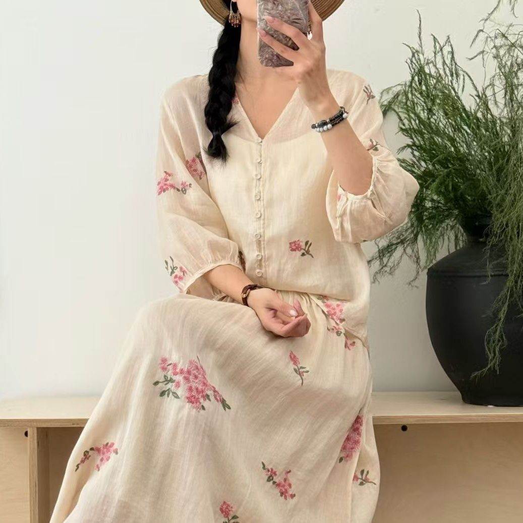 2026夏季新款苎麻套装女领刺绣衬衫上衣大摆双层半身长裙两件套