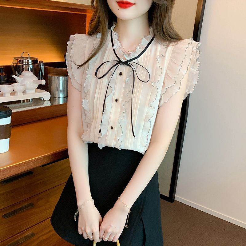 设计感气质甜美洋气雪纺衫女夏季新款百搭显瘦系带上衣女减龄小衫