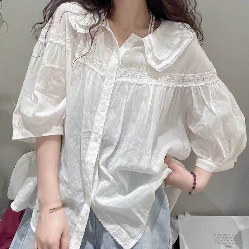 2026夏季新款日系纯色单排扣甜美减龄五分袖娃娃领衬衫女大码上衣