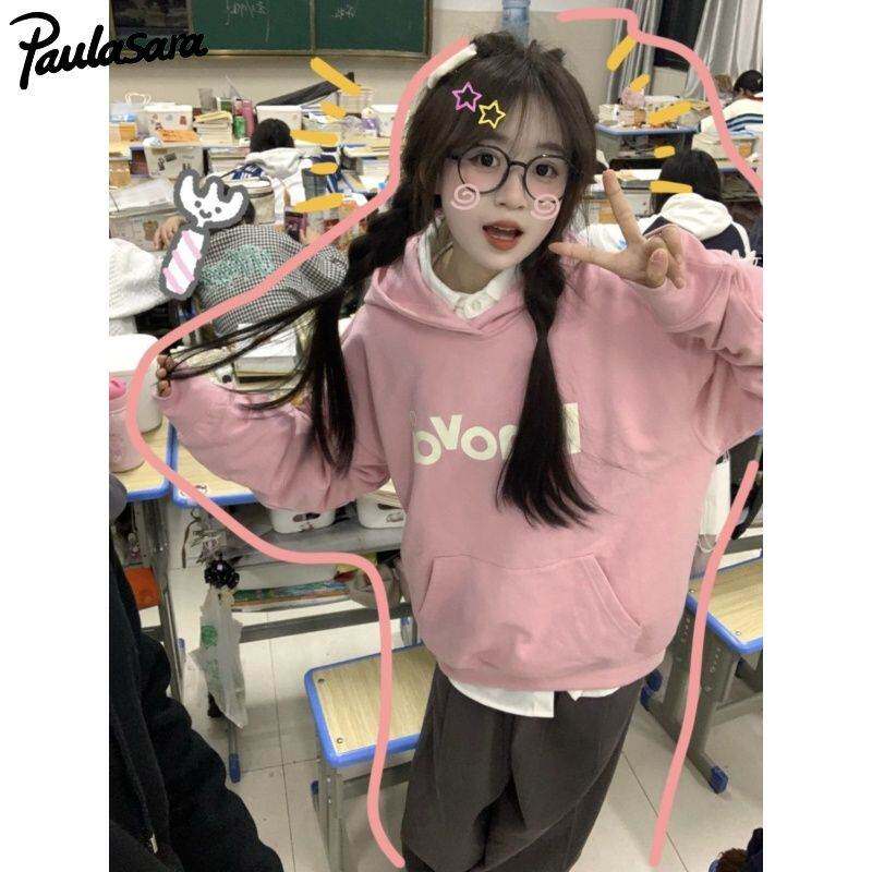 藕粉色字母棉卫衣女春秋薄款连帽欧货美式复古慵懒风外套潮