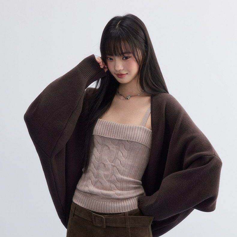 咖啡色针织开衫女宽松慵懒风麻花纹理毛衣外套吊带