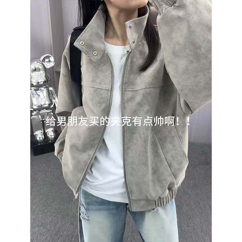 灰色美式扎染皮工装外套男女春秋款正肩飞行夹克复古立领棒球服