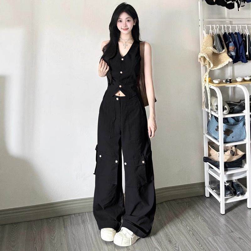 盐系炸街运动服套装女夏季显瘦时尚马甲背心工装阔腿裤休闲两件套