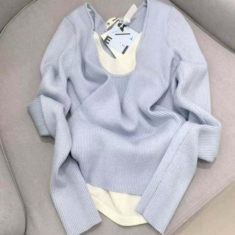 大码胖日系甜辣假两件蓝色领针织衫女秋冬修身内搭打底衫毛衣