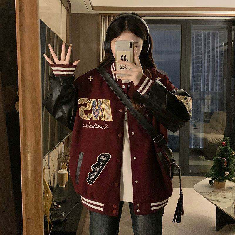美式刺绣棒球服外套女春季新款复古红色宽松休闲情侣学生夹克上衣
