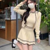 温柔小香风针织背心开衫 女秋百褶半身裙小个子三件套 短裙套装