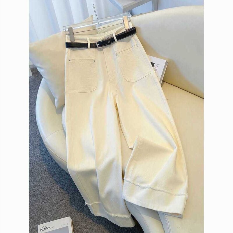 白色窄版高腰阔腿牛仔裤女2025春季新款弹力九分翻卷边垂感直筒裤