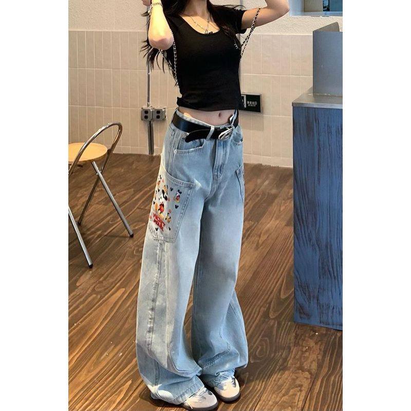 美式复古设计感趣味米奇印花牛仔裤子女辣妹慵懒松弛感拖地弯刀裤