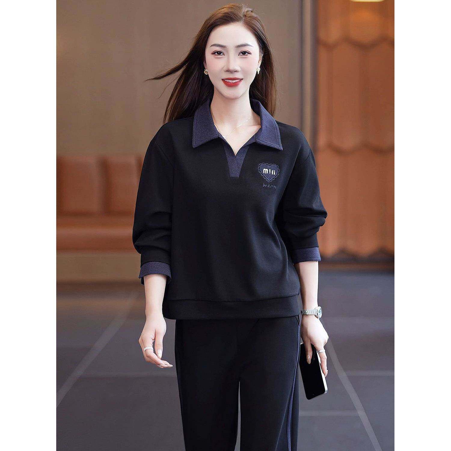 春秋季休闲运动服套装女新款简约时尚妈妈装翻领卫衣女装一整套