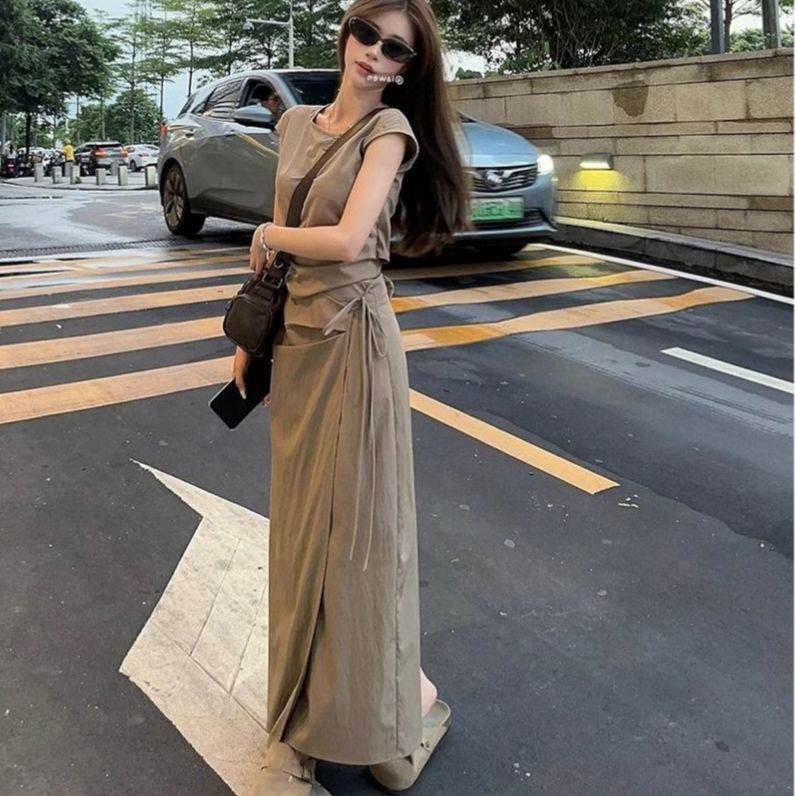 夏装搭配一整套女韩系时尚设计感无袖绑带上衣半身长裙气质两件套