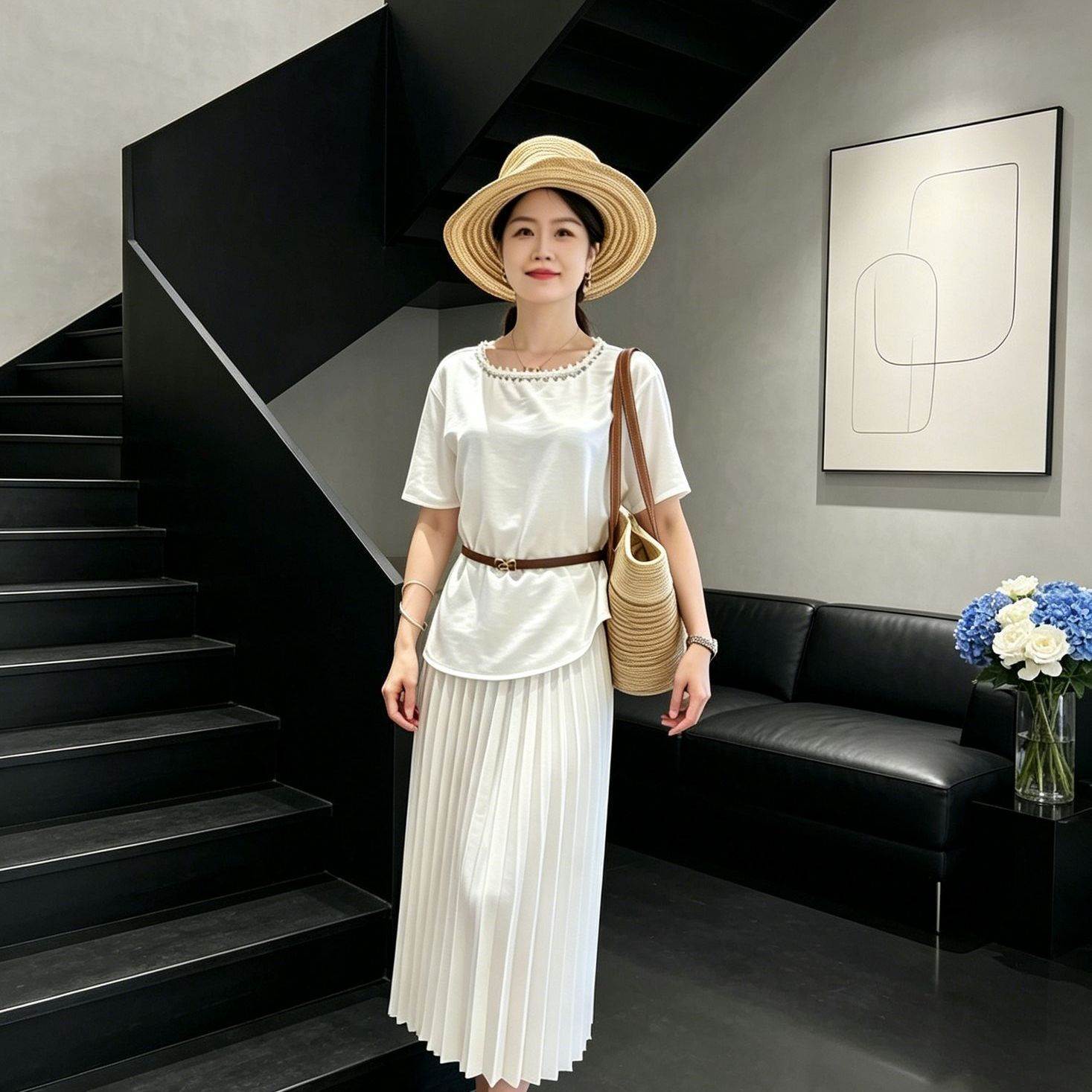 2026夏季新款简约两件套显瘦百搭套裙女中长款百褶裙轻奢