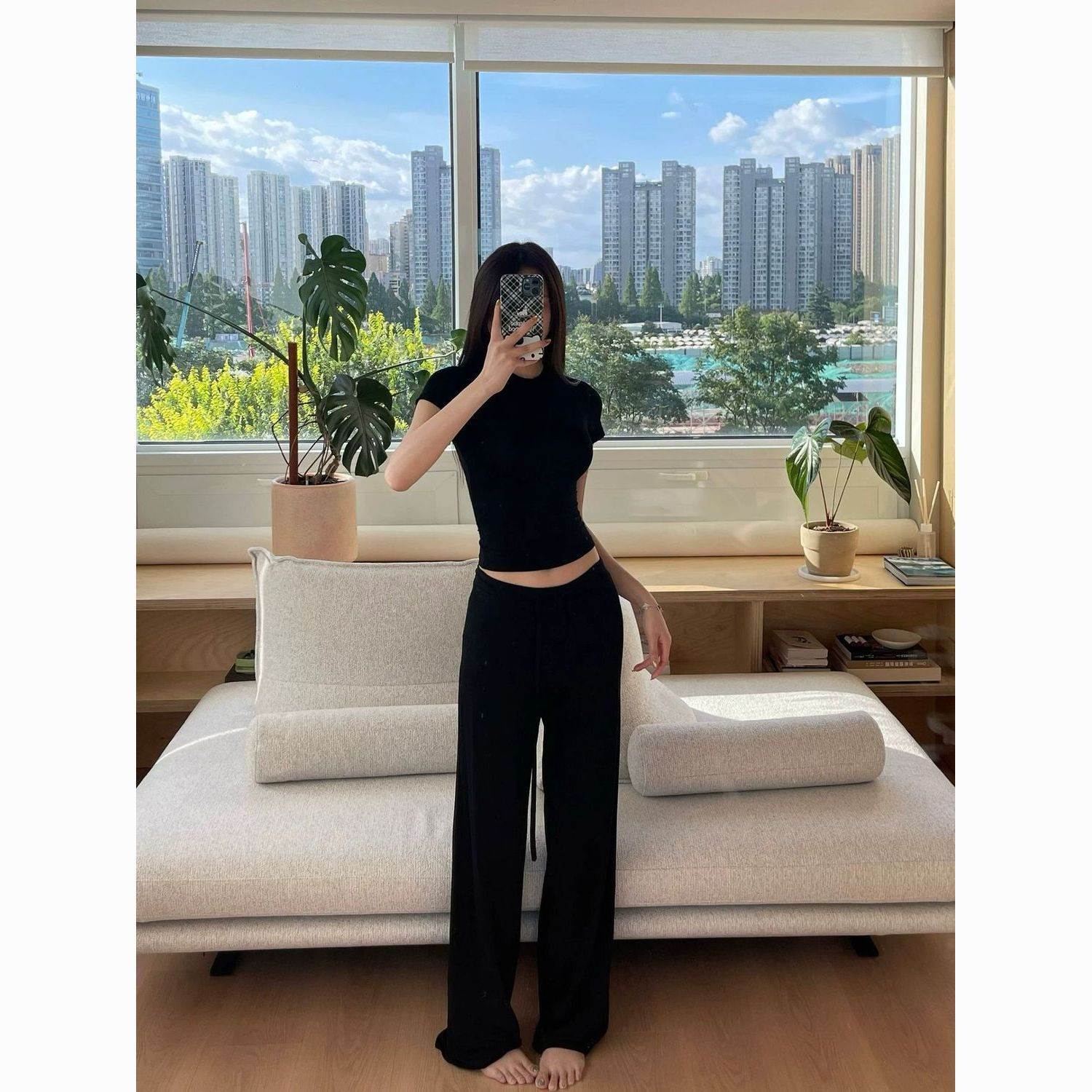 时尚套装女卡戴珊圆领沙漏腰短袖恤垂感低腰阔腿拖地长裤