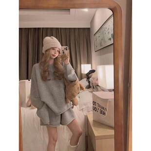 早春新款慵懒风针织卷边毛衣短裤休闲套装女韩版宽髦穿搭一整套潮