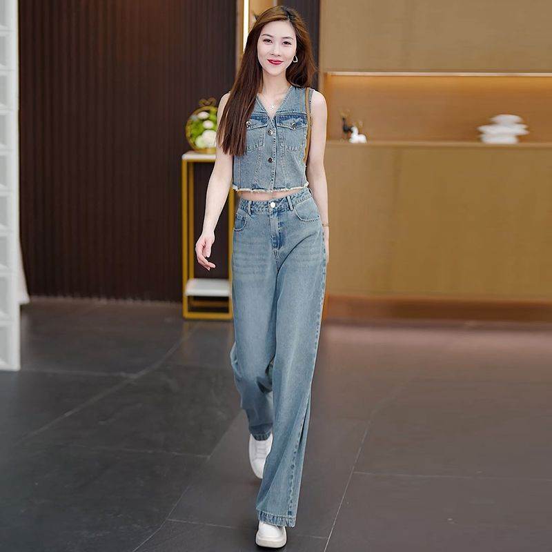 2026夏新款上衣无袖毛边马甲两件套时尚高腰炸街牛仔阔腿裤套装女