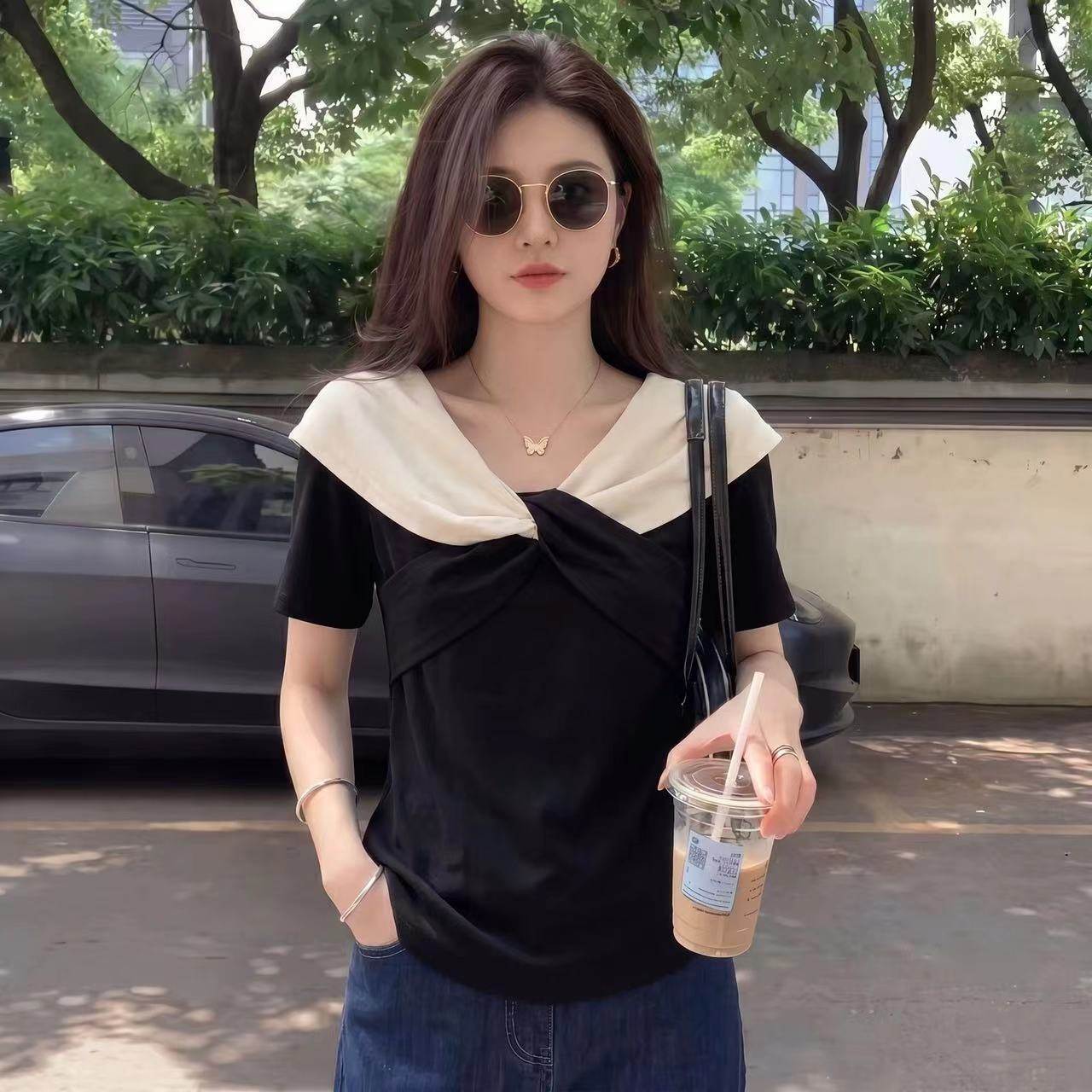 气质黑色92棉短袖撞色恤女夏季大码微胖宽松巨显瘦遮肚拼接上衣