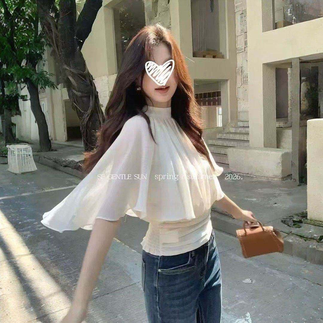 2026夏季小众设计圆领斗篷雪纺衫女宽松显瘦收腰上衣
