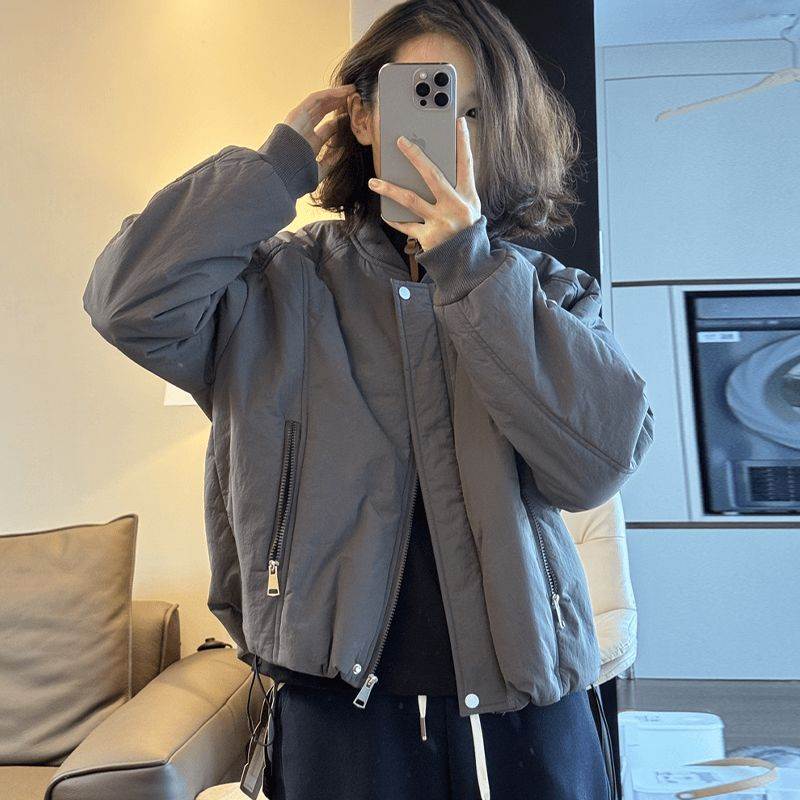 保暖立领拉链短外套棒球服女冬季高级感轻奢宽松显瘦复古抽绳夹克