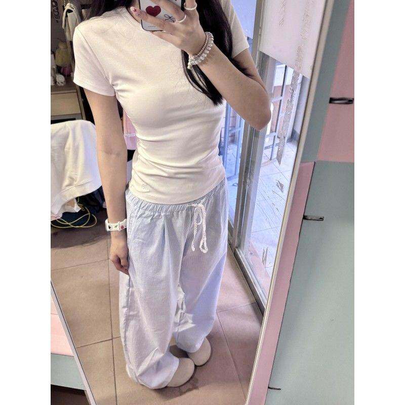 设计感拼接蕾丝蓝色休闲裤女秋季高腰显瘦直筒裤芭蕾风条纹阔腿裤