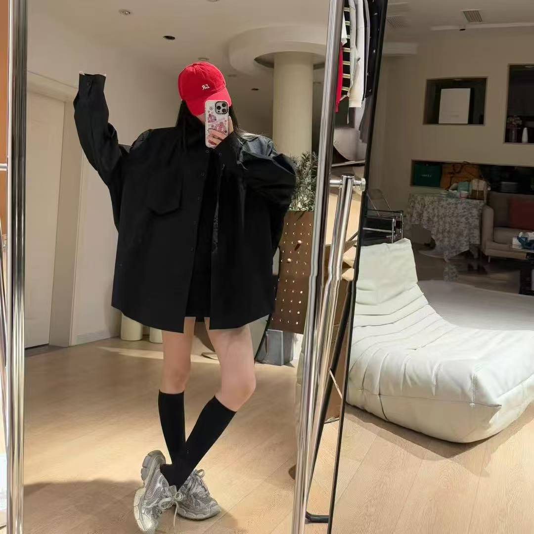 男女同款复古美式外穿廓形黑色长袖衬衫小众港味衬衣外套